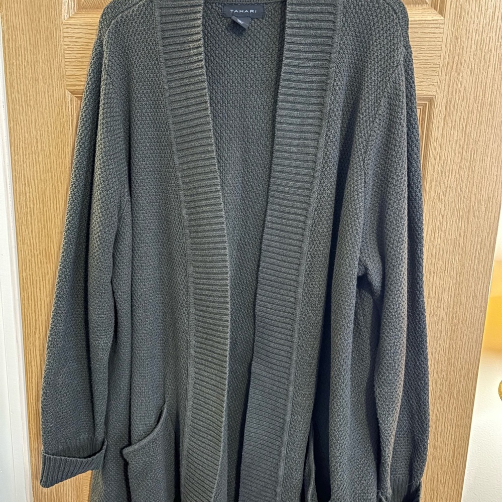 Tahari Olive Green Open Front Cardigan